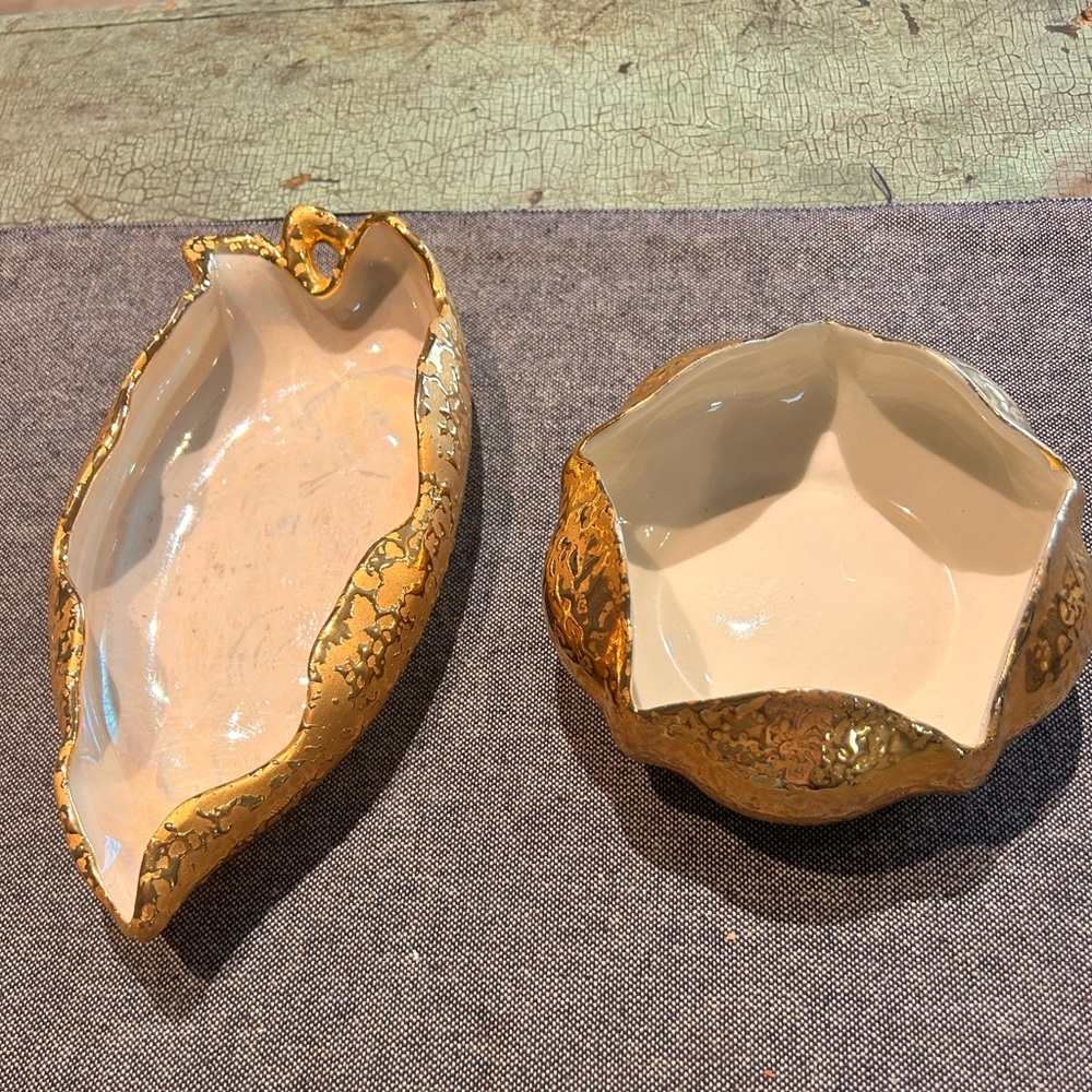 Vintage 22k Gold encrusted MCM Scalloped Dish and Leaf Dish Hollywood Regency